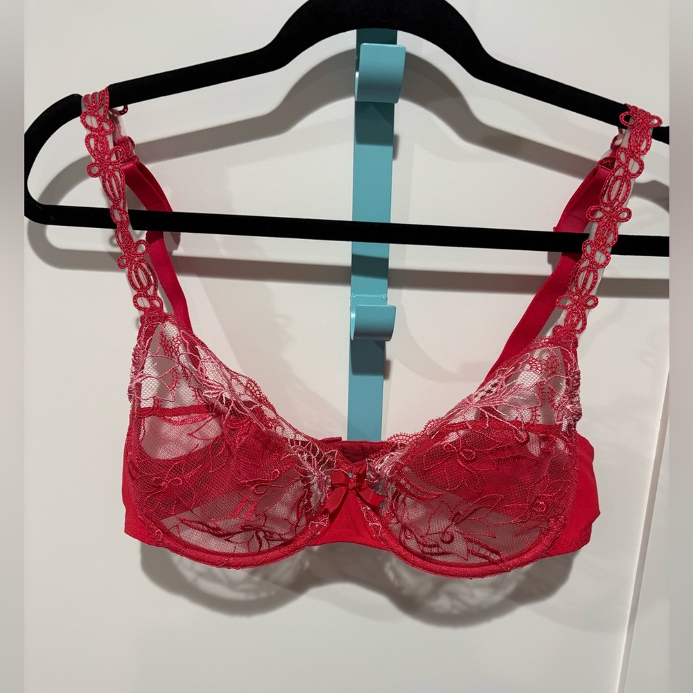 Simone Perele Red Lace Underwire Bra Embroidered Sheer Lingerie Women’s 36C
